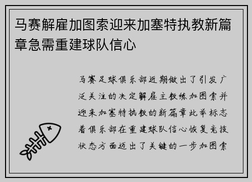马赛解雇加图索迎来加塞特执教新篇章急需重建球队信心 马赛解雇加图索迎来加塞特执教新篇章急需重建球队信心