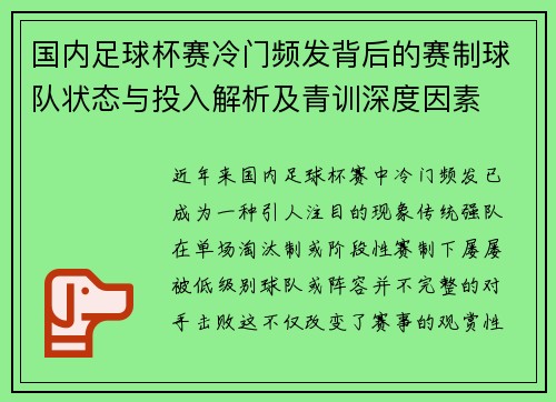 国内足球杯赛冷门频发背后的赛制球队状态与投入解析及青训深度因素