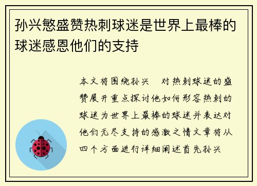 孙兴慜盛赞热刺球迷是世界上最棒的球迷感恩他们的支持